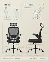 SONGMICS Bürostuhl ergonomisch, Drehstuhl mit Mesh, Lenden- und Kopfstütze, Wippfunktion, 53 cm große Sitzfläche, klappbare Armlehnen, Arbeits- und Schlafzimmer, Studenten, tintenschwarz OBN047B01 – Ansicht 2