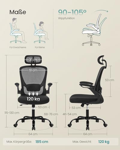 SONGMICS ergonomska uredska stolica, okretna stolica s mrežom, lumbalni naslon i naslon za glavu, funkcija ljuljanja, sjedalo 53 cm, sklopivi nasloni za ruke, radna i spavaća soba, studenti, tinta crna OBN047B01