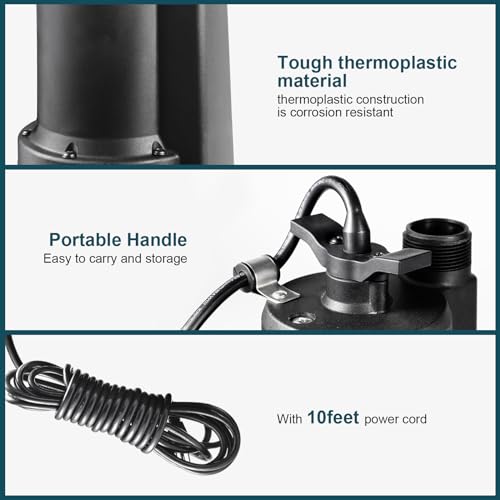 Wassermann WAS-61302 1/3Hp Utility Pump 2100Gph Thermoplastic Sump Pump Submersible Water Pump With 10Ft Cord, Electric Portable Water Pump For Swimming Pool Hot Tubs Garden Pond Draining Basement thumb #3