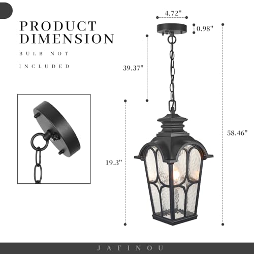 Jafinou 19 Inch Dusk to Dawn Outdoor Pendant Light, Sand Black Aluminum Exterior Hanging Lantern, Waterproof Outdoor Hanging Light Fixture with Water Ripple Glass for Porch Gazebo Yard by Jafinou - Used condition - Image 2