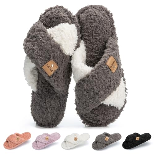 Image of GOEWY Fuzzy Open Toe Slippers for Women Cozy Memory Foam House Shoes Indoor | Cute Cross Band,Soft Faux Fur,Anti-slip Sole Outdoor,Machine-washable,Lightweight,Slip on Gifts for Women,Mom and Bridesmaid