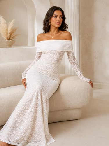 Image of Women's White Off-Shoulder Lace Maxi Dress Long Sleeve Bodycon Gown for Wedding, Party & Evening Events