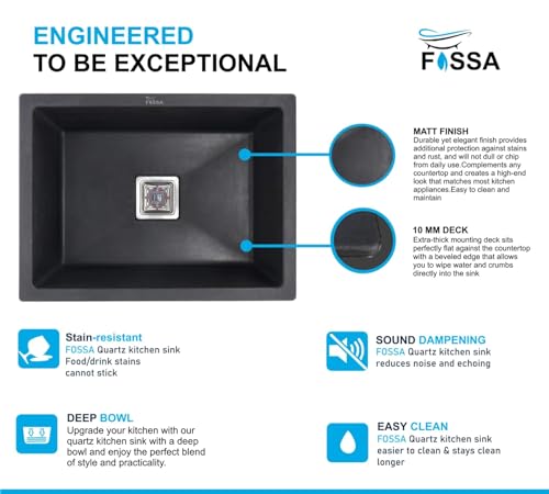 Image of Fossa 10-Year Warranty Quartz Kitchen Sink 18 x 16 Inch | Single Bowl Granite Sink | Includes Waste Coupling, Waste Pipe & Strainer | Top Mount | Black (Matte Finish)