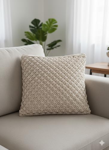 Image of Beautifull and Luxurious Handmade 100% Cotton Macrame Cushion Cover 16 inchx16 inch inch in Natural White Colour | Boho Cushion Cover in Premium Canvas Duck Fabric (2, WDM478)