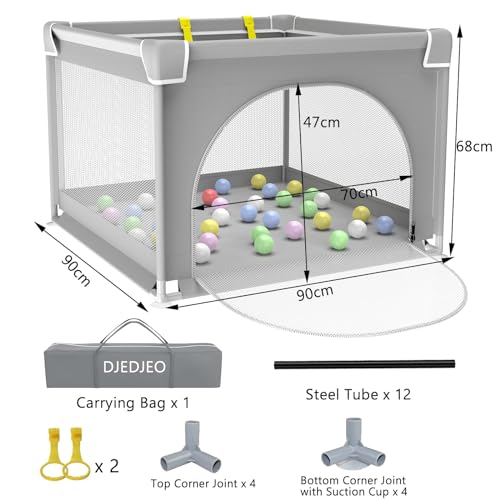 DJEDJEO Laufgitter 90x90cm, Faltbarer Baby Laufstall Mit Reißverschlusstür, Rutschfester Basis, Atmungsaktivem Netz an Vier Seiten, Grau