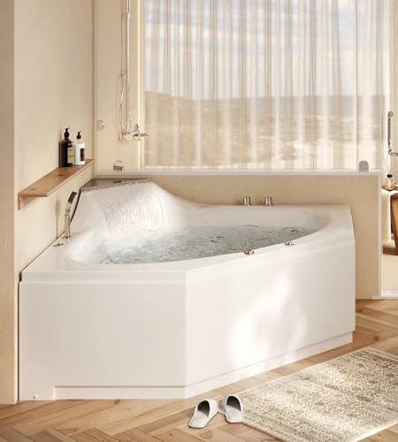 ARIEL 59" Triangular Platinum Whirlpool Bathtub with 22 Hydro Jets, Two-Person Jetted Tub with Customizable Massage, Waterfall, Hot/Cold Inlets & Smart Features