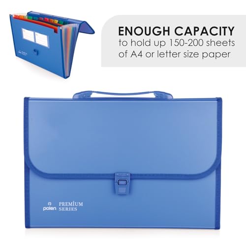 Image of POLEN Premium Series Expanding File Folder with Coloured Inner, 13 Pockets, Handle, and Buckle Closure, Fullscape Size for Travel, Home, Office to Arrange Your Document (Blue)