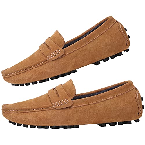Image of ANUFER Men's Suede Leather Penny Loafers Comfort Driving Shoes Moccasin Slippers