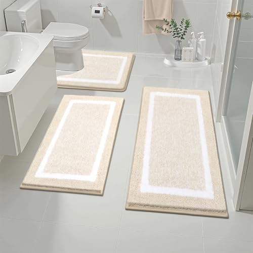 Pauwer Bathroom Rugs Sets 3 Piece Bathroom Shower Rugs with U-Shaped Contour Toilet Mat Absorbent Microfiber Plush Bath Mats Non Slip Bath Rugs Machine Washable Shaggy Bath Floor Mats, Light Beige