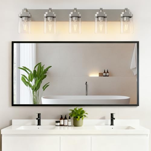 Image of Brushed Nickel Bathroom Light Fixtures, 5 Lights Bathroom Lighting Fixtures Over Mirror, Square Design & Rectangle Large Backplate, Modern Vanity Lighting Fixtures, for Living Room /Bedroom