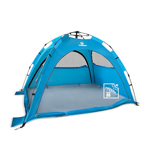 outdoorer SunSnapper Air – UV 80 Quick-up-Strandmuschel mit 4 Türen und 3 Fenster, Schnellaufbau BZW. Automatik-Strandzelt, verschließbar, mit UV-Schutz 80, Sichtschutz und Insektenschutz