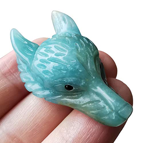 Manekieko Natural Amazonite 40mm Wolf Head Pocket Crystals and Healing Stone Figurine,Haped DIY-Jewelry Pendant