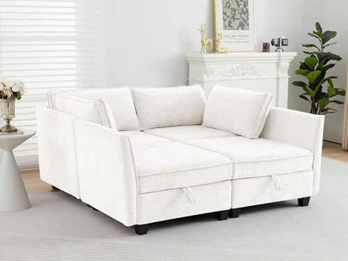 Image of ORRD Sleeper Modular Sectional Sofa Set, Convertible Couch Bed with Storage, 4 Seater and 4 Armrestes Sofa Modular for Living Room, Office (Beige)