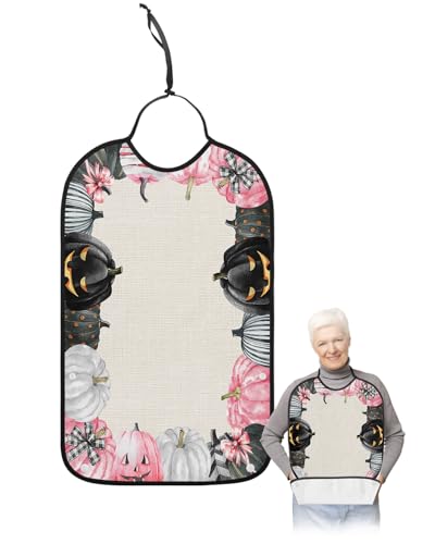 LEOKOTI Halloween Adult Bibs for Eating, Waterproof Bibs with Food Catcher & Adjustable Snap Closure, Pink Grey Black Pumpkins Rustic Washable Clothing Protectors Adult Bibs for Elderly Women/Men