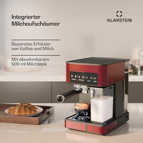Klarstein Arabica Comfort Siebträgermaschine – 20-Bar, 1350W, Mit Milchaufschäumer, Für Gemahlenen Kaffee & Pads, 1,8L Wassertank, Touch-Bedienfeld, Abnehmbarer Milchtank, Aufschäumdüse aus Edelstahl – Bild 6