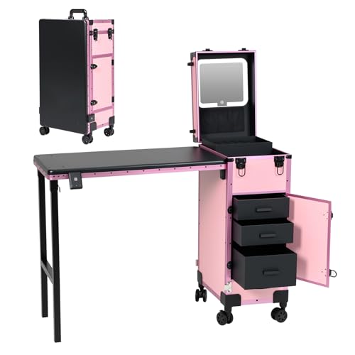Rolling Portable Manicure Table with 3 Drawers Lockable Makeup Train Case with Detachable Mirror Foldable Nail Desk with Wheels & Handle Mesa de Uas Profesional para Nail Techs & Salon Use Pink