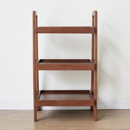 31.5" Mid-Century Modern 3-Tier Ladder Shelf, Solid Oak A-Frame Storage Rack with Walnut Finish, Freestanding Open Shelving for Entryway Living Room Bedroom Bathroom