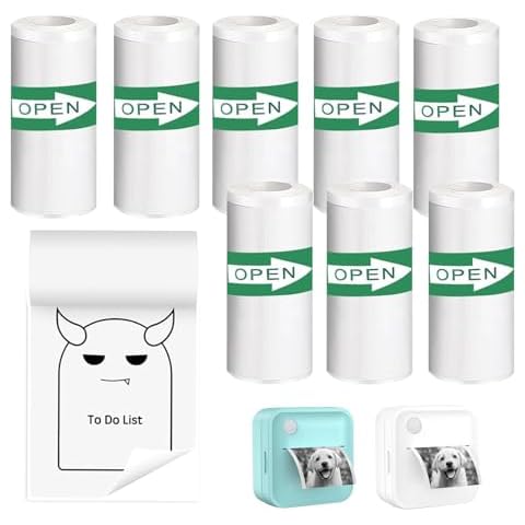 Mini Printer Sticker Paper - 8 Rolls 53x28mm Continuous Thermal Sticker Label for INVISEN Portable Label Maker, White Self Adhesive Label for Study Notes Pictures Cover