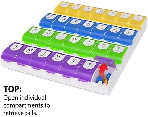 Image of EZY DOSE Weekly (7-Day) Pill Case, Medicine Planner, Vitamin Organizer Box, 4 Times a Day, Large Compartments, Easy Fill All Compartments at Once Organizer, Multi-Colored, BPA Free