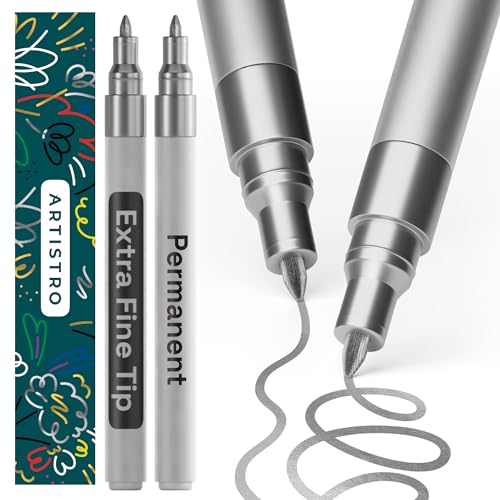 ARTISTRO Permanent Marker - Waterproof Markers for Tire Fabric Rocks Glass Ceramic Wood Paper - Oil Based Paint Pens 2 Silver Extra-Fine Tip