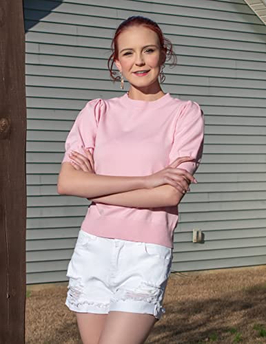 Image of Womens Puff Short Sleeve Sweater Tops Crewneck Basic Knit Pullover Lightweight Casual Sweaters