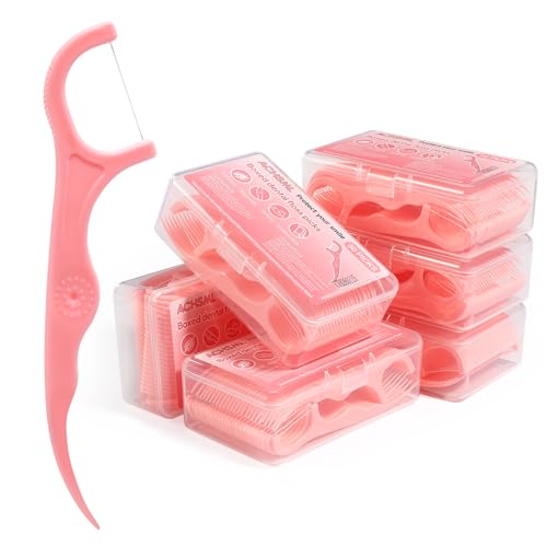 ACHSML Floss Picks 300 Count Portable Dental Floss Sticks For Teeth Cleaning Dual Function Disposable Dental Floss Picks Comfortable Ergonomic Handle Tooth Picks Flossers 6 Travel Cases Pink
