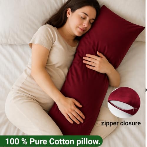 Image of 100% Cotton 600 TC Body Pillow Cover - Ultra Soft & Breathable Long Pillowcase | Zipper Closure | 20 inchx54 inch | Grey (Burgundy)