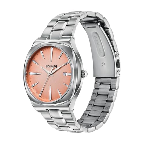 Image of Sonata Festive 2.0 Quartz Analog with Pink Dial Silver Sheet Metal Strap Watch for Men - 77194SM02