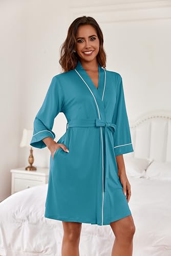 Image of Ekouaer Women Kimono Robes Knee Length Knit Bathrobe Lightweight Soft Sleepwear V-neck Casual Ladies Loungewear