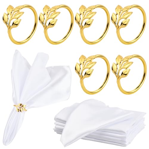 6 Serviettes en Damas Blanc 43x43 cm avec 6 Ronds de Serviette Dorés à Motif Feuille, Servietti de Table en Tissu Soyeux Lavables pour Mariage, Réception,...