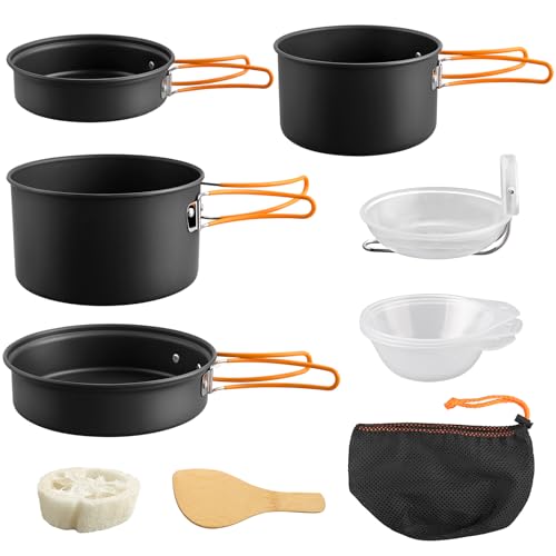 FUNYKICH Set de Cuisine Camping Portable en Aluminium Anodisé,Kit de Cuisine Casseroles,Bols,Cuillères à Soupe et à Riz pour 1-3 Personnes pour...
