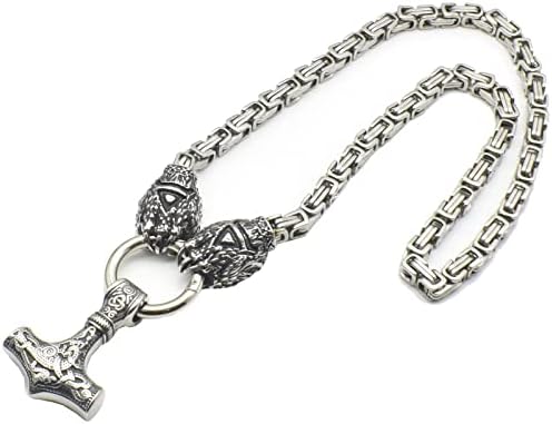 JAOYU Men Wolf Head Viking Necklace Thor's Hammer Pendant Mjolnir Necklace Norse Jewellery - Stainless Steel King Chain