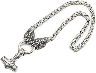 JAOYU Men Wolf Head Viking Necklace Thor's Hammer Pendant Mjolnir Necklace Norse Jewellery - Stainless Steel King Chain