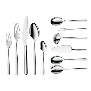 WMF Boston Besteckset 12 Personen, 66 teilig, 60 Teile mit Servierbesteck, Monobloc-Messer, Cromargan Edelstahl poliert, glänzend, spülmaschinenfest