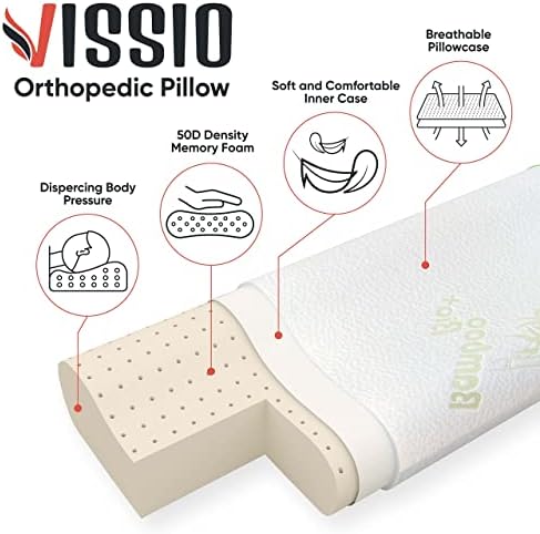 VISSIO Orthopedic Memory Foam Pillow - Cervical Neck Head & Shoulder Pain Relief - Ergonomic Contour Anti Snore Deep Sleep Pillow - Unique Extra Ventilation Memory Foam Design - Size M - 54*36 10/12
