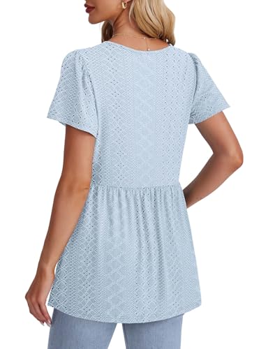 Image of OFEEFAN Womens Summer Tops Babydoll Short Sleeve Shirts Puff Sleeve Peplum Tops V Neck T Shirts