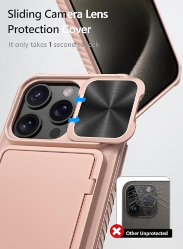 Vihibii for iPhone 15 Pro Case Wallet with Slide Camera Cover, Built-in Card Holder (4 Cards) & Kickstand, Heavy Duty Shockproof Rugged Phone Protective Case for iPhone 15 Pro 5G 6.1" 2023, Rose Gold