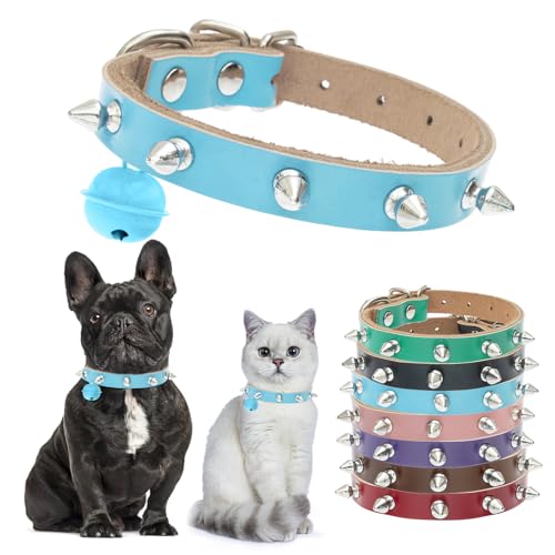 BINGPET Spiked Leather Cat Collar with Bells, Studded Dog Collar with Buckle, Soft Goth Kitten Collars with Spikes Adjustable, Punk Gothic Pet Accessories for Small Dog Puppies, Blue 10.2 "- 13"