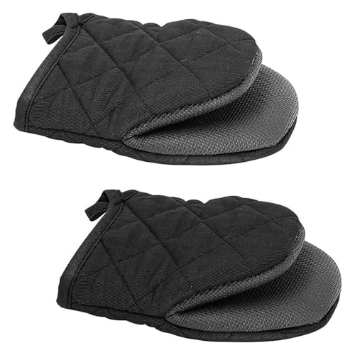 Oven Gloves Heat Resistant - ShiningUU 1 Pair Cotton + Silicone Kitchen Short Oven Mitts, Heat Resistant up to 500℉, Non-Slip Grip Surfaces, Hanging Loop for Oven/Air Fryer/Baking/Grilling/BBQ (Black)