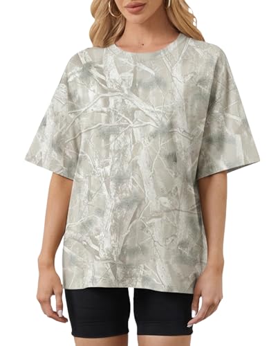 Image of MSBESYOR Camo Shirt for Women Maple Leaf Print Short Sleeve Crewneck T-Shirts Summer Oversized Tee Shirts Streetwear