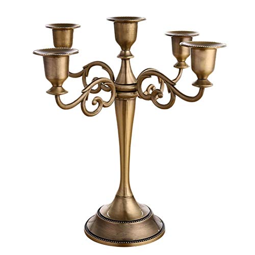 Koomiao Portacandele a Colonna con 3 o 5 Braccia, Candeliere in Metallo Candelabri Vintage Centrotavola per Matrimoni Porta Candele per Cena a Lume di Candela (Bronzo, 5 Bracci)
