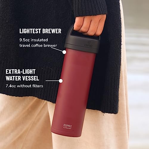 Espro – P0 Ultralight – Single Serve French Coffee Press And Lightweight Hydration Bottle For Travel, Camping And Everyday Use, Stainless Steel, Vacuum Insulated 16 Oz (Cranberry) #TOP2