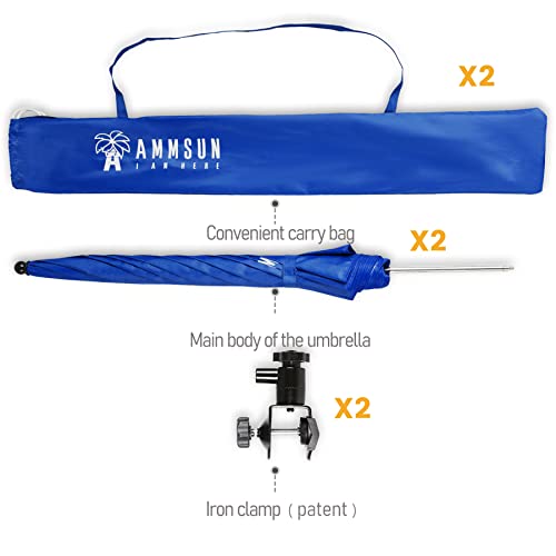 Ammsun 2 Pcs Chair Umbrella With Clamp 43 Inches Upf 50+,Portable Clamp On Patio Chair,Beach Chair,Stroller,Sport Chair,Wheelchair And Wagon,Blue,2 Pack #TOP3