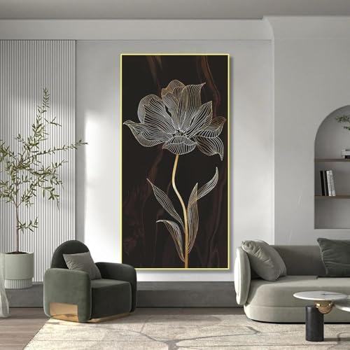 Toile de décoration murale lotus et lignes dorées pour salon moderne