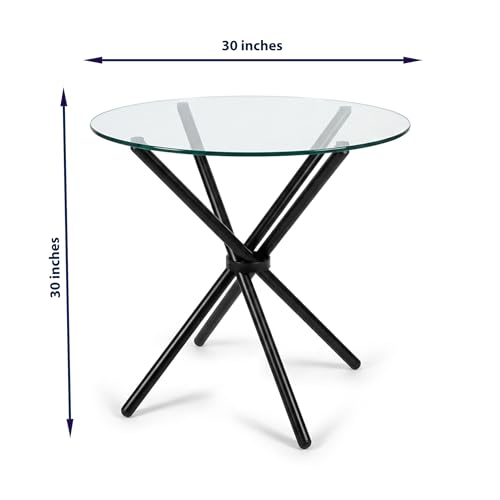 Image of Round Glass Dining Table 30 Inch Diameter with 10 mm Toughened Clear Glass Top Folding Stainless Steel Grade 202 Frame Compact Table for Kitchen Dining Room Balcony Cafe (Black Powder Coated)