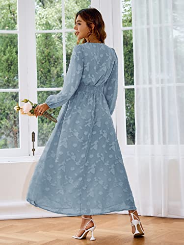 Image of Simplee Women's Long Sleeve Maxi Dress Burnout Floral V Neck Formal Dress(L Blue)