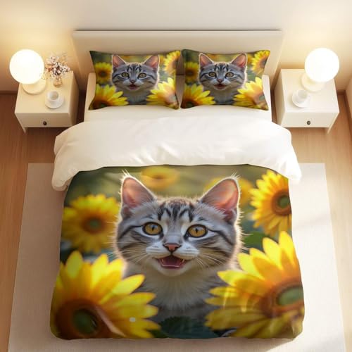 Housse de couette chat microfibre anti-plis, parure lit double facile à laver