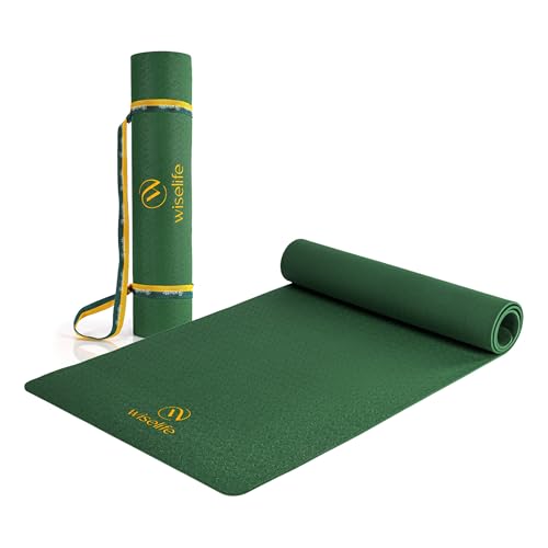 Image of WiseLife Classic Eco-TPE 6 MM Yoga Mat with Yoga Strap for Men & Women | Extra Thick, Long & Wide Non-Slip, Anti-Tear Exercise Mat for Home, Gym, Workout, Fitness, Yoga & Pilates (Green)