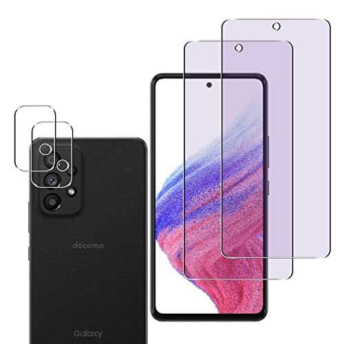 【2+2枚セット-ブルーライトカット】Galaxy A53 5G SC-53C フィルム 指紋認証対応 Galaxy A53 5G ガラスフィルム ブルーライト(2枚) + レンズ保護フィルム (2枚) galaxya535g 液晶保護 フィルム さらさら