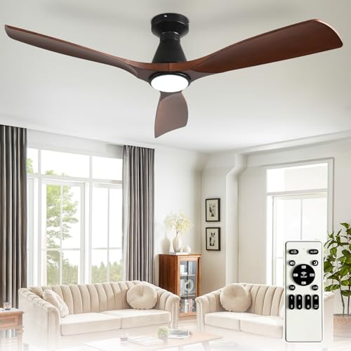 Image of Depuley 52-Inch Ceiling Fans with Lights: Walnut 3 Blade Flush Mount Low Profile Ceiling Fan for Bedroom - Dimmable Indoor Outdoor Fan with Remote Control Ultra Quiet DC Motor Timer